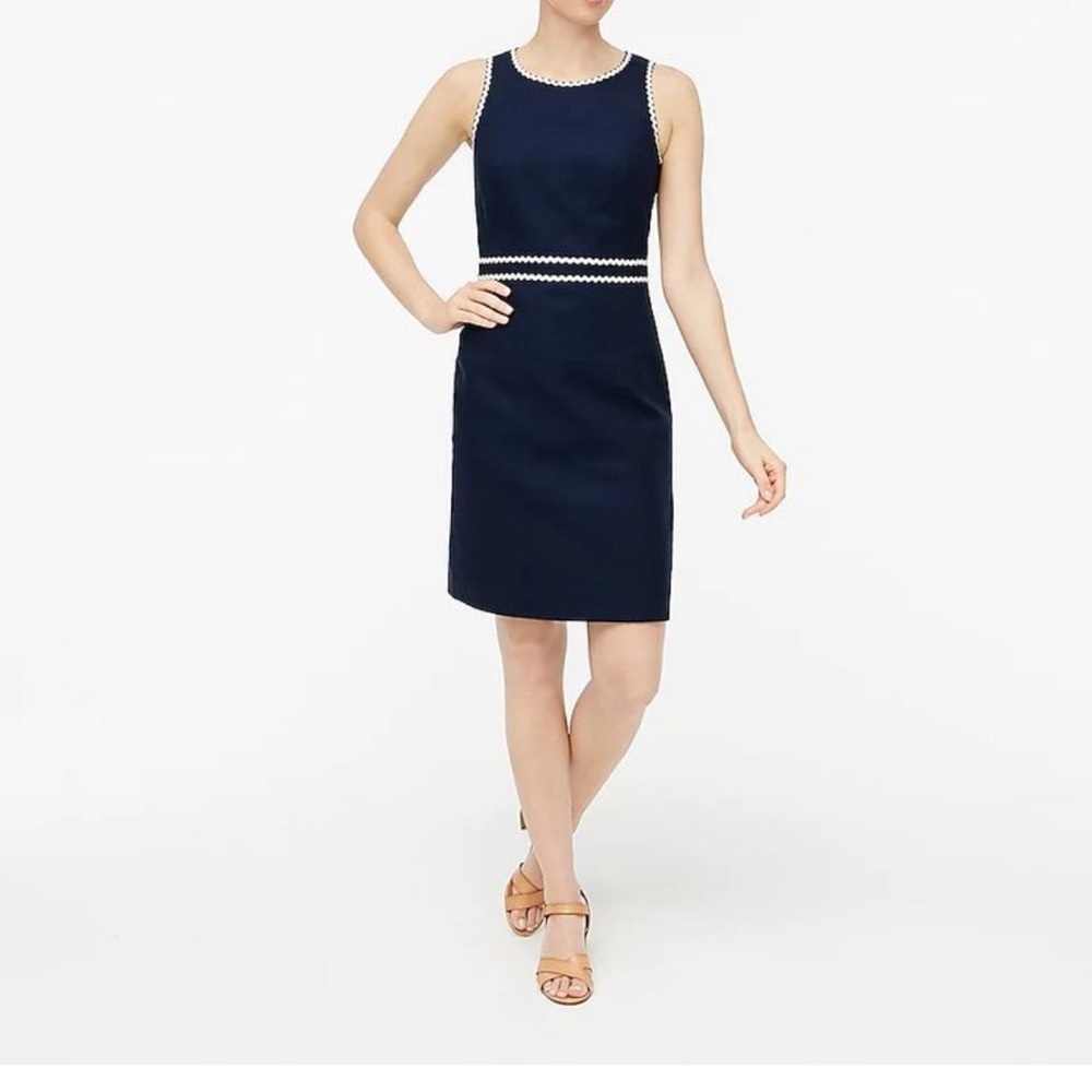 J.Crew Navy Cotton Suiting Dress Ric Rac Trim Nautical Preppy Sleeveless Size 0